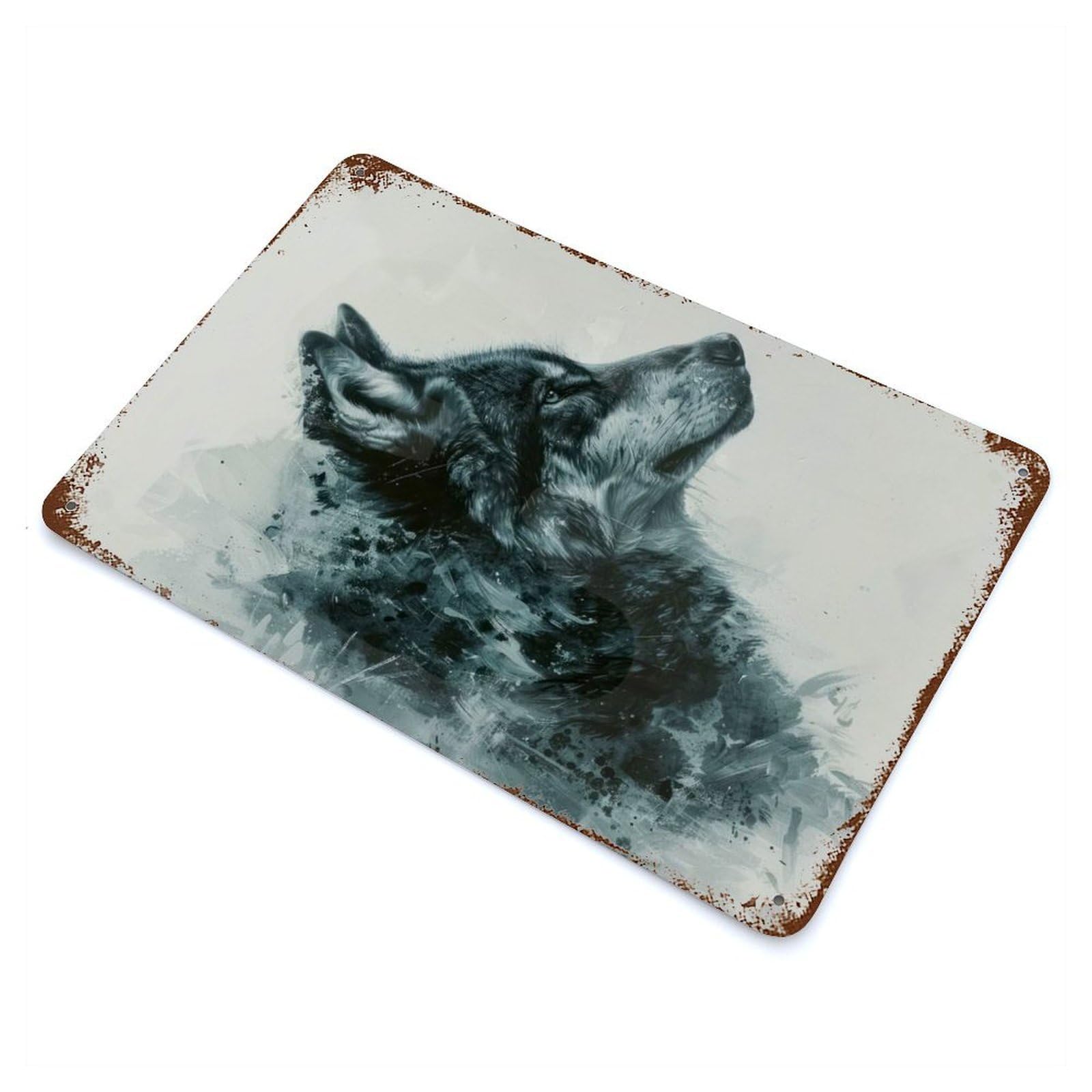 Wolf Profile Painting 11.8"x7.9" Rust Effect Tin Sign, Industrial Home Decor for Living Room, Hallway And Home Decor