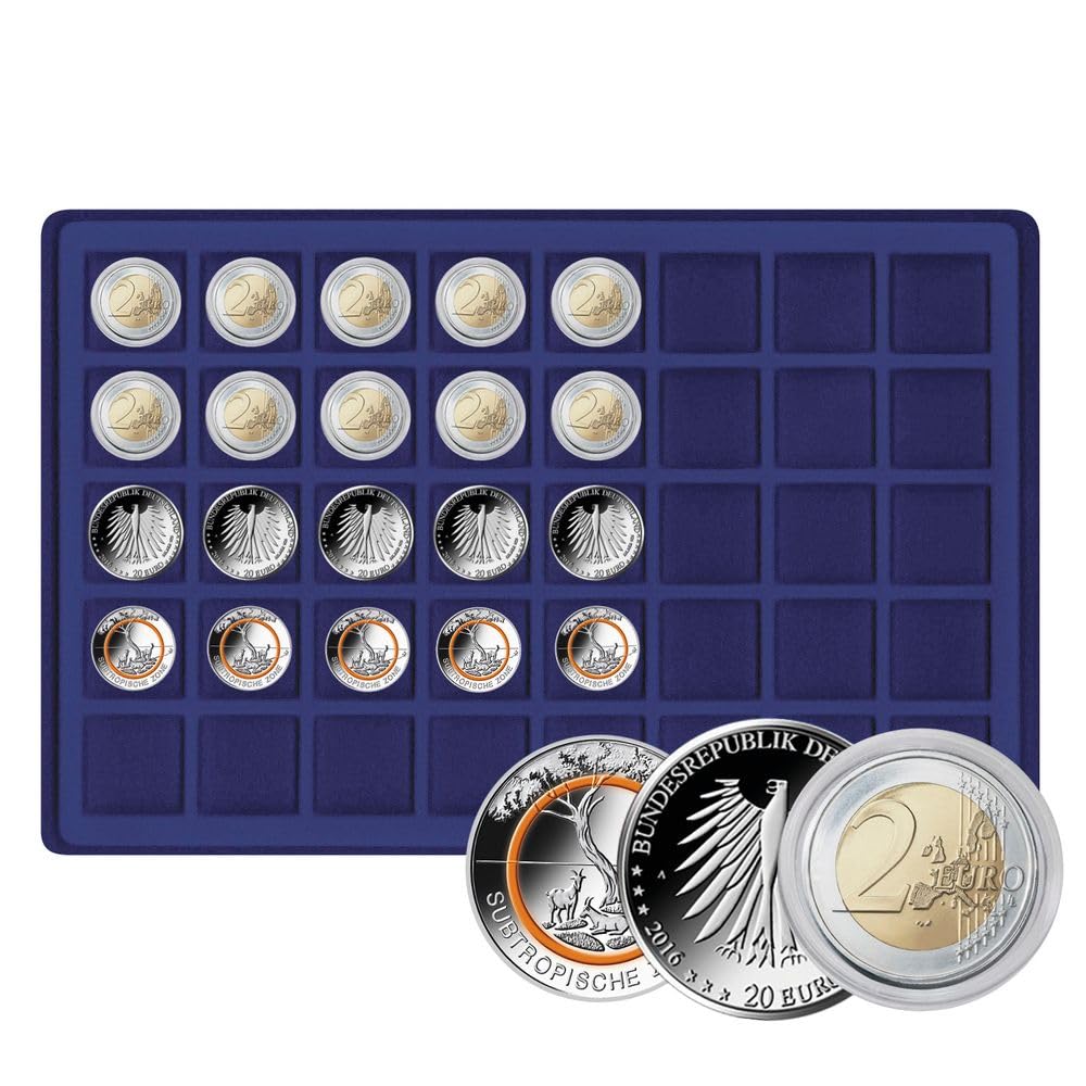 LINDNER Das Original Maletín de Aluminio para Monedas con 5 tableros Azul Oscuro para 200 Monedas o cápsulas para Monedas de hasta un diámetro de 34 mm