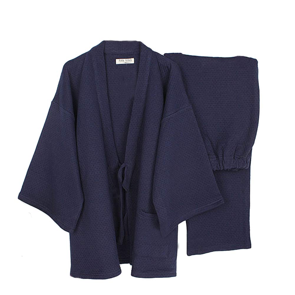 Trajes de Estilo japonés para Hombres, más Gruesos, Sueltos, Traje de Pijama Kimono de Invierno cálido [Azul Marino/Talla L]