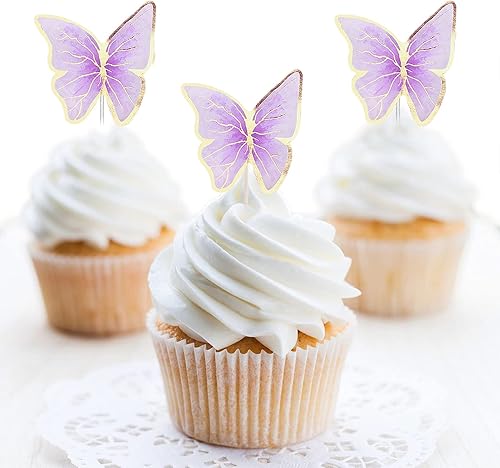 Miniatura 10 de 60 piezas de decoración de mariposa para cupcakes, decoración de fiesta de cumpleaños, decoración de pastel de mariposa azul dorado 3D para niñas y