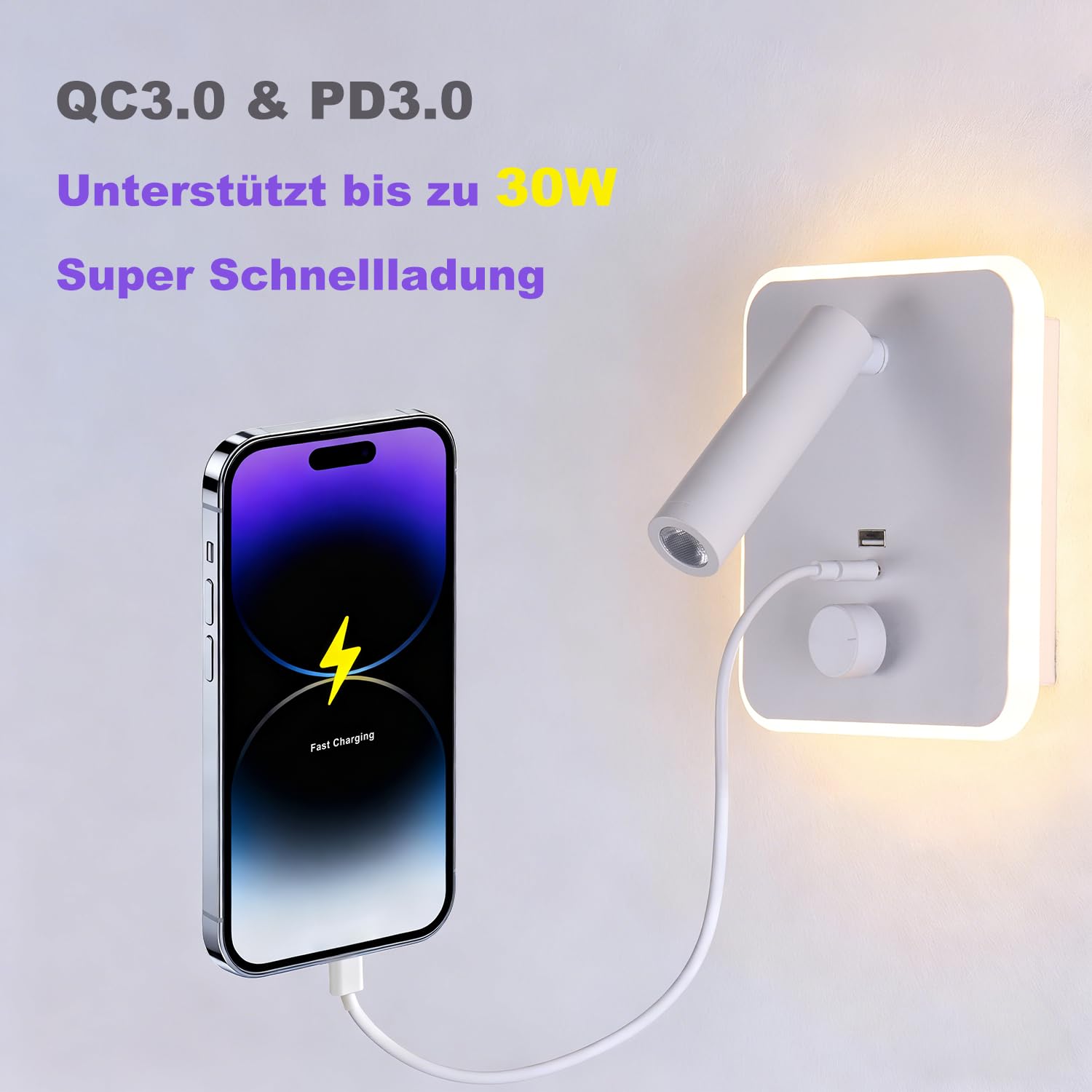 30W Schnellladung Plug-in Wandlampen mit zwei USB-A/C Ports, verstellbare Leselampe, 2-in-1 Installation für Schlafzimmer/Wohnzimmer, LED-Wandlampen (Schwarz)