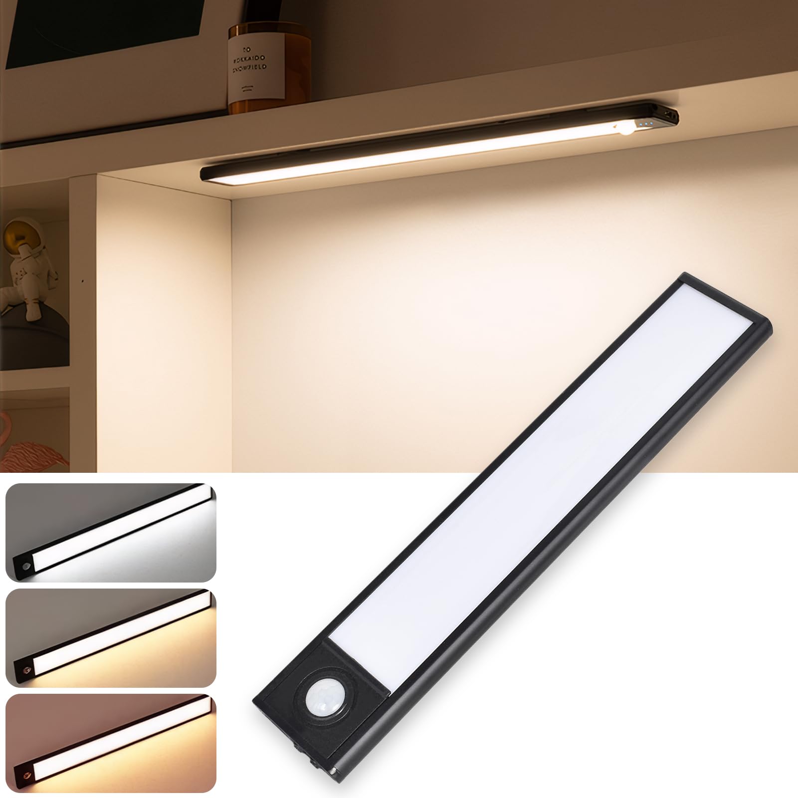 LED Lights for Cupboard, Magnetic Under Closet Light 20cm Super Bright,LED Motion Sensor Lights Indoor,3 Color Dimmable Cabinet Light,USB Rechargeable Wardrobe Light for Kitchen Shelf Stairs (Black)