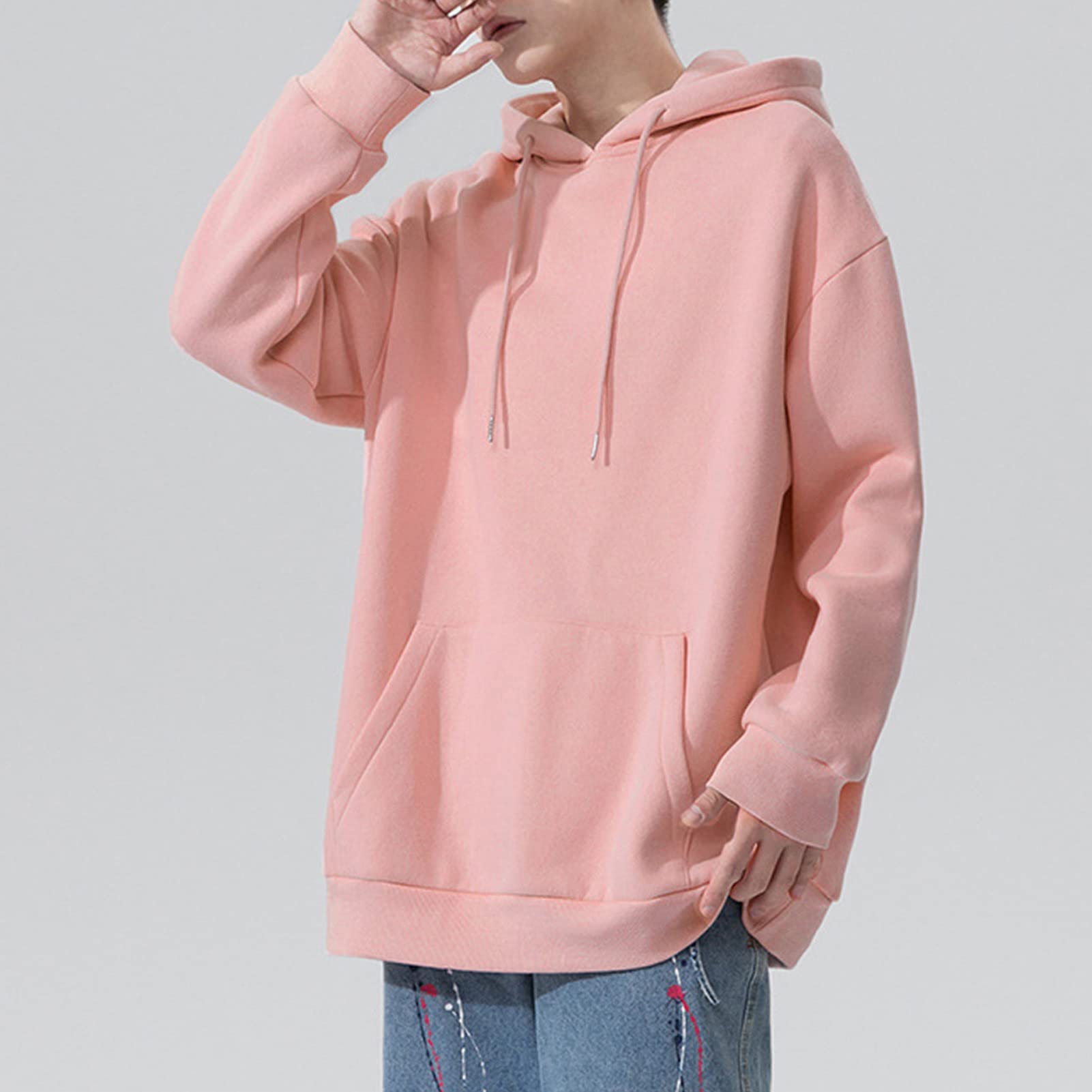 Maiyifu-GJ Men's Solid Loose Fit Pullover Hoodies Casual Athletic Hooded Sweatshirts Long Sleeve Hoodie with Kanga Pocket (Pink,X-Large)