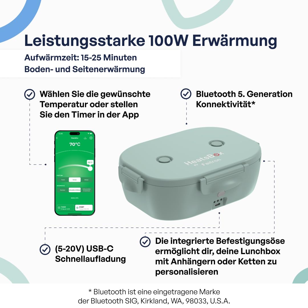 Faitron HeatsBox Go Kids – Beheizbare Lunchbox für Kinder, 540-ml-Edelstahlbehälter, integrierter Akku (100 W) und App-Steuerung, tragbarer Speisenwärmer für Schule/Reisen - Green
