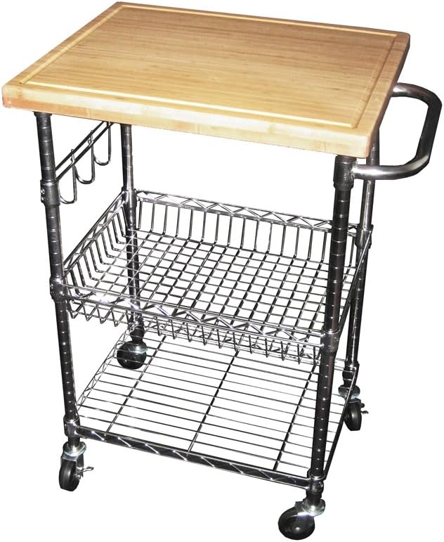 TRINITY EcoStorage Metal Wire Kitchen Cart with Wheels, Basket, Shelf, Storage Hooks, and Bamboo Cutting Board Top for Kitchen Storage and Food Preparation, 28.6” W x 20” D x 36.5” H, Chrome