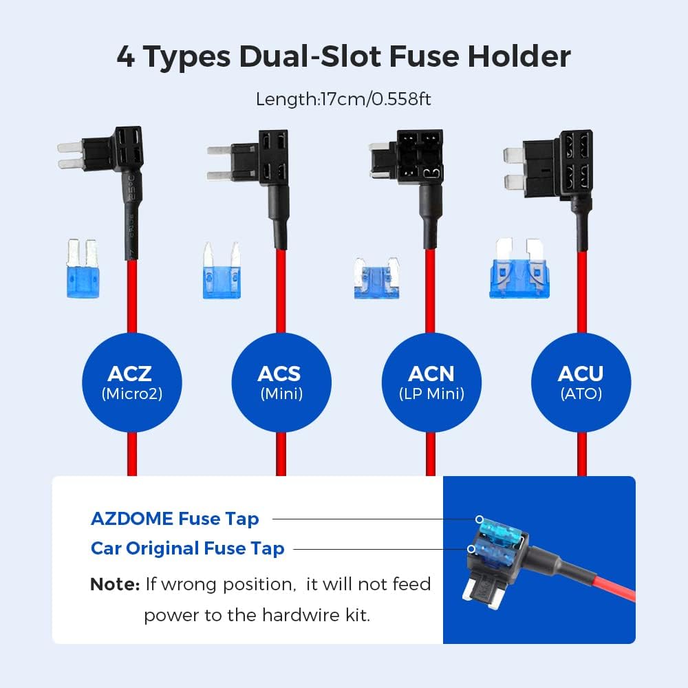 Four types of dual-slot fuse holders included with the hardwire kit.