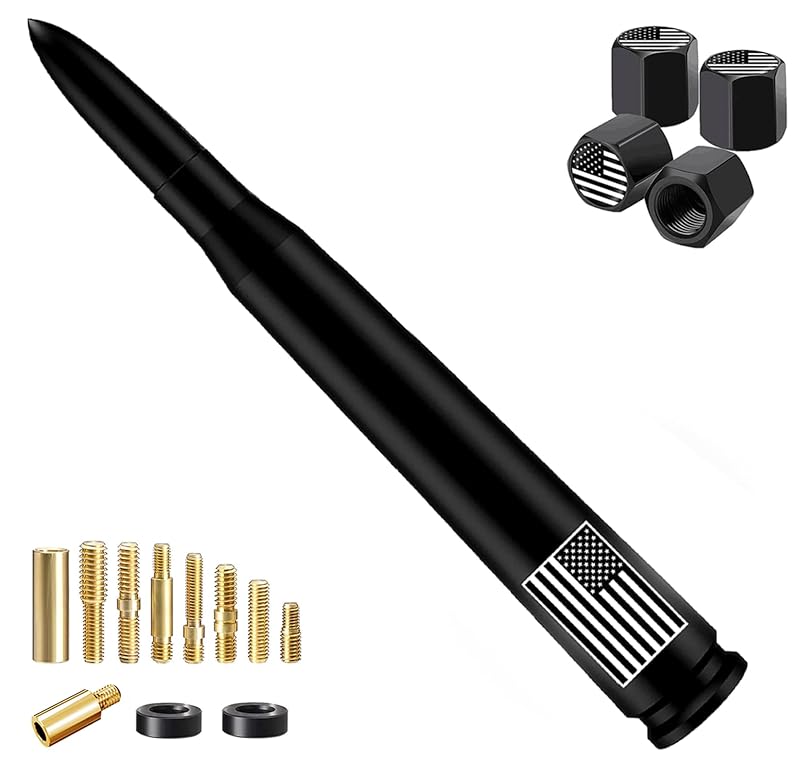 Antena automotiva tipo projétil HVSTTPK para Ford, Chevrolet e GMC, preta com estampa de bandeira americana, 17,8 cm, com tampas de válvula, 1 unidade