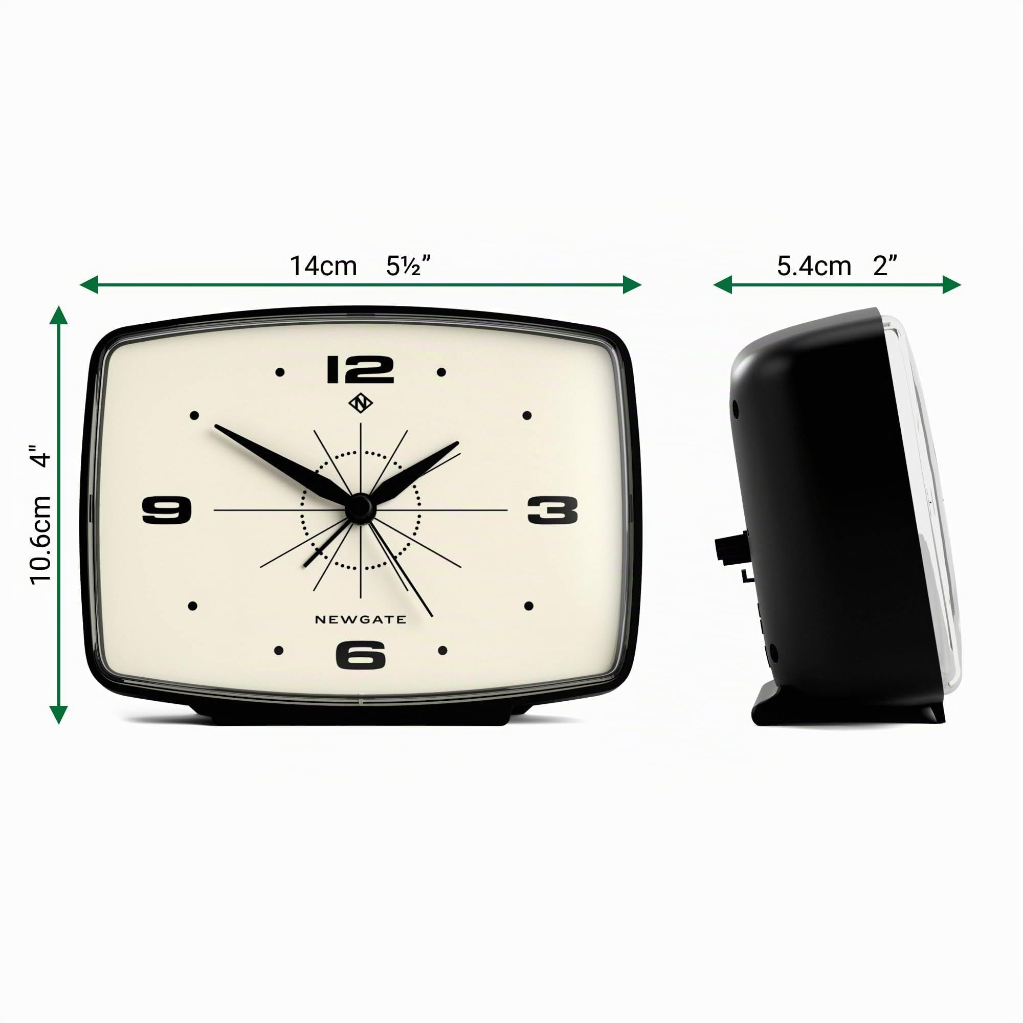 NEWGATE® Brooklyn Wecker | Rechteckiges Retro-Design | Schwarz | Ideal für nachttisch, Schreibtisch, Regal und kaminsims | Mid-Century-Retro-Schlafzimmer- und bürozubehör