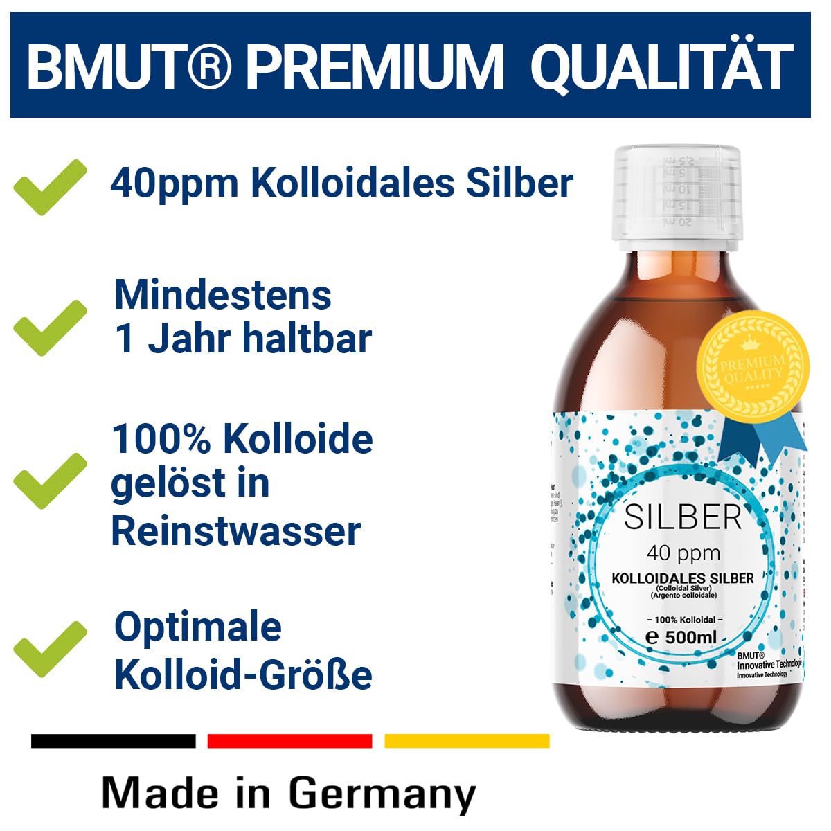 3 x 500 ml d'argent colloïdal (40 ppm) dans une bouteille en verre ambré | eau d'argent | eau ultra pure | 100 % colloïdal