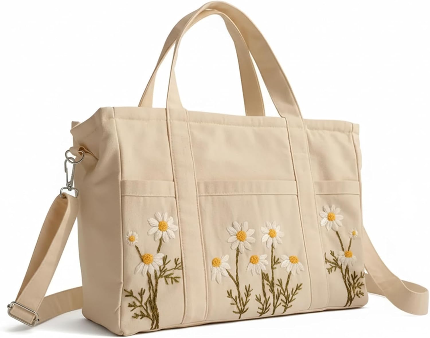 Canvas Tote Bag for Women, Multi-Pockets Work Bag, Reusable Shoulder Bag for Travel Gym Shopping | Multiple pockets, with Zipper, Daisy Embroidered, Compartments