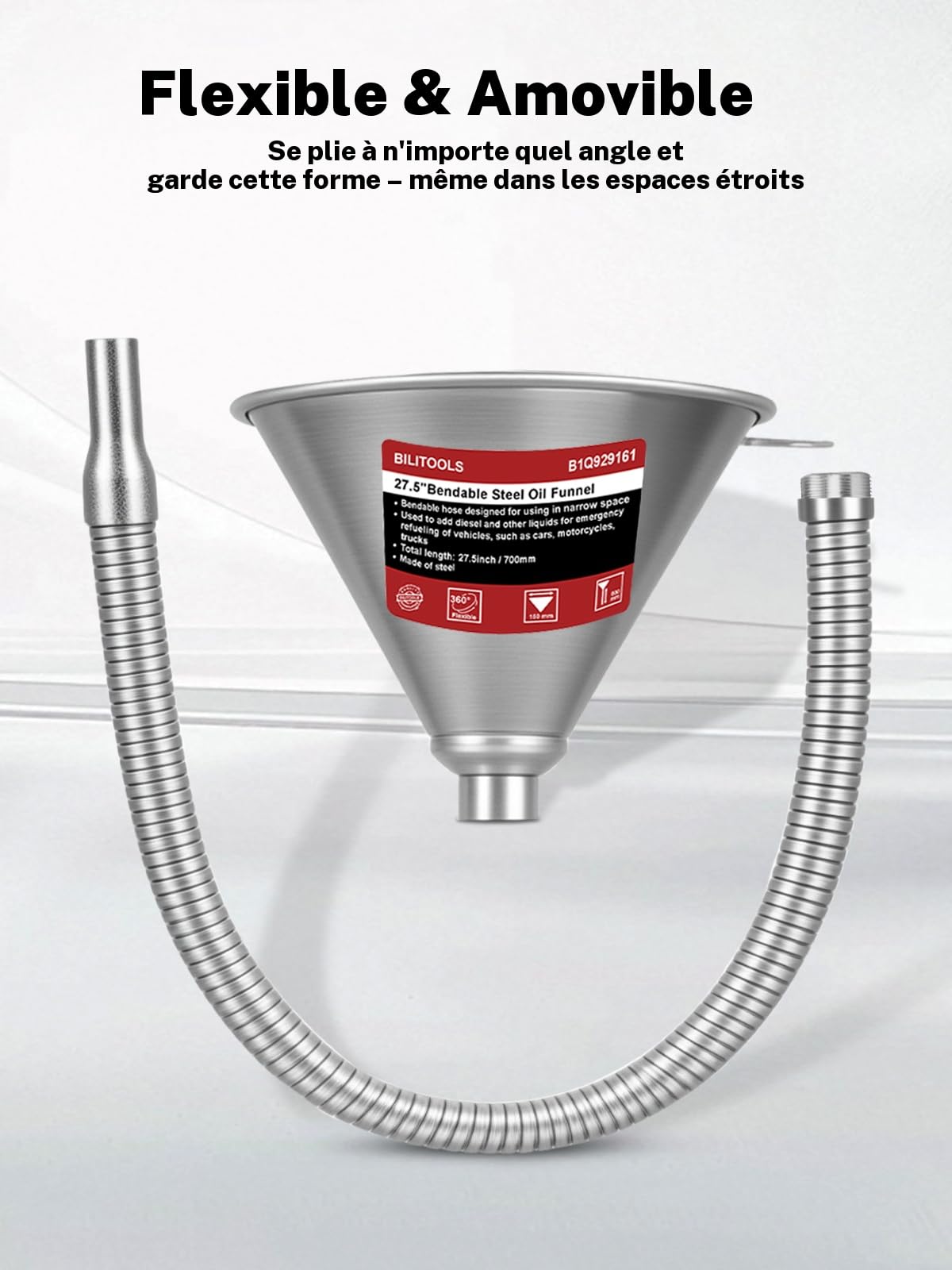 BILITOOLS Entonnoir Huile Voiture avec Tuyau Flexible 665 mm | métal avec filtre, pour huile moteur, essence, diesel, vidange et boîte de vitesse