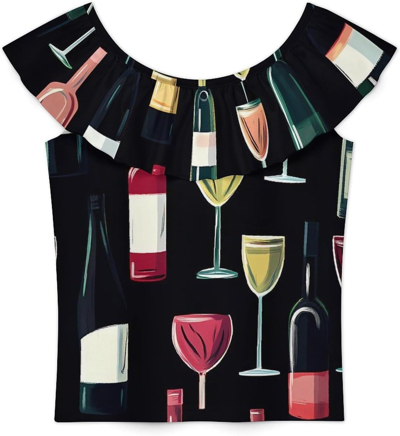 Wine Glass and Wine Bottle Girls T-Shirts Top Ruffle Short Sleeve Blouse Casual Graphic Tees