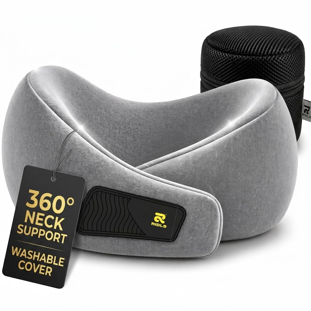 RIDLS Travel Pillow – Premium Memory Foam Travel Neck Pillow with Ergonomic Support – Comfortable Travel Pillow for Flights, Trains & Road Trips – Washable Cover & Free Pouch (Grey).
