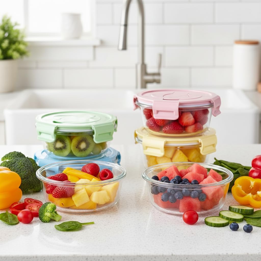 1.5 Cup Round Glass Food Container with Lids and Folding spoon, Small Round Glass Storage Container, 12oz Food Bowls with Spoons for Lunch Office, Oven, Freezer, Dishwasher Safe (4Pack)