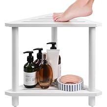 Waterproof Shower Stool for Inside Shower Shaving Leg White | Bamboo Shower Foot Rest with Storage Shelf and Soap Dish, 2-Tier Coner Shower Seat with Non-Slip Feet for Bathroom