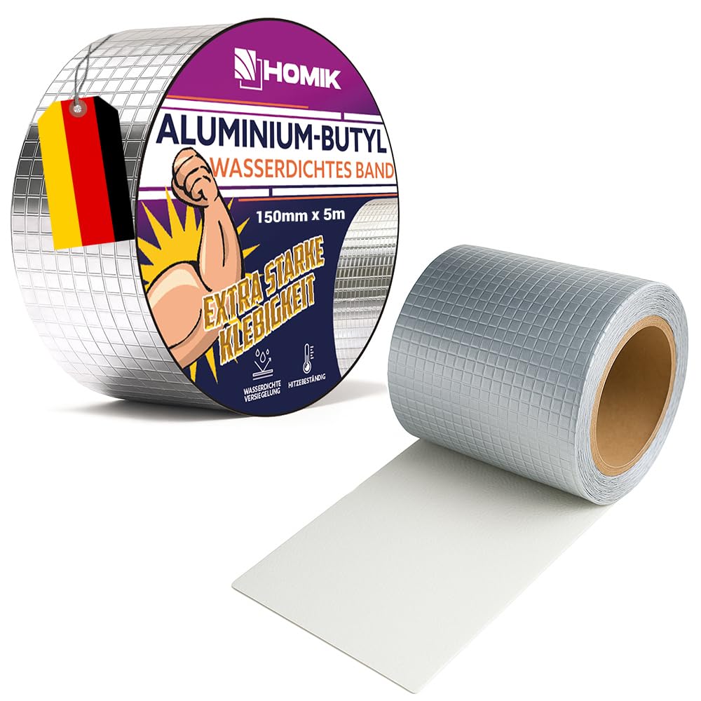 HOMIK Aluminum Butyl Tape 15cm x 5m – Roof Repair Tape Waterproof – Heavy Duty Seal for Gutters, Pipes & Metal – UV & Weather Resistant – Self-Adhesive for Indoor & Outdoor Use
