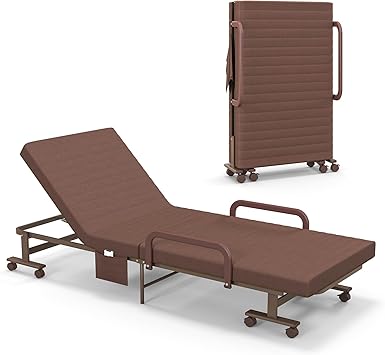 KOMFOTT Folding Rollaway Bed with Mattress for Adults, Portable Guest Bed with 6 Positions Adjustable Backrest, Foldable Reinforced Steel Frame Rolling Bed with Side Storage Pocket