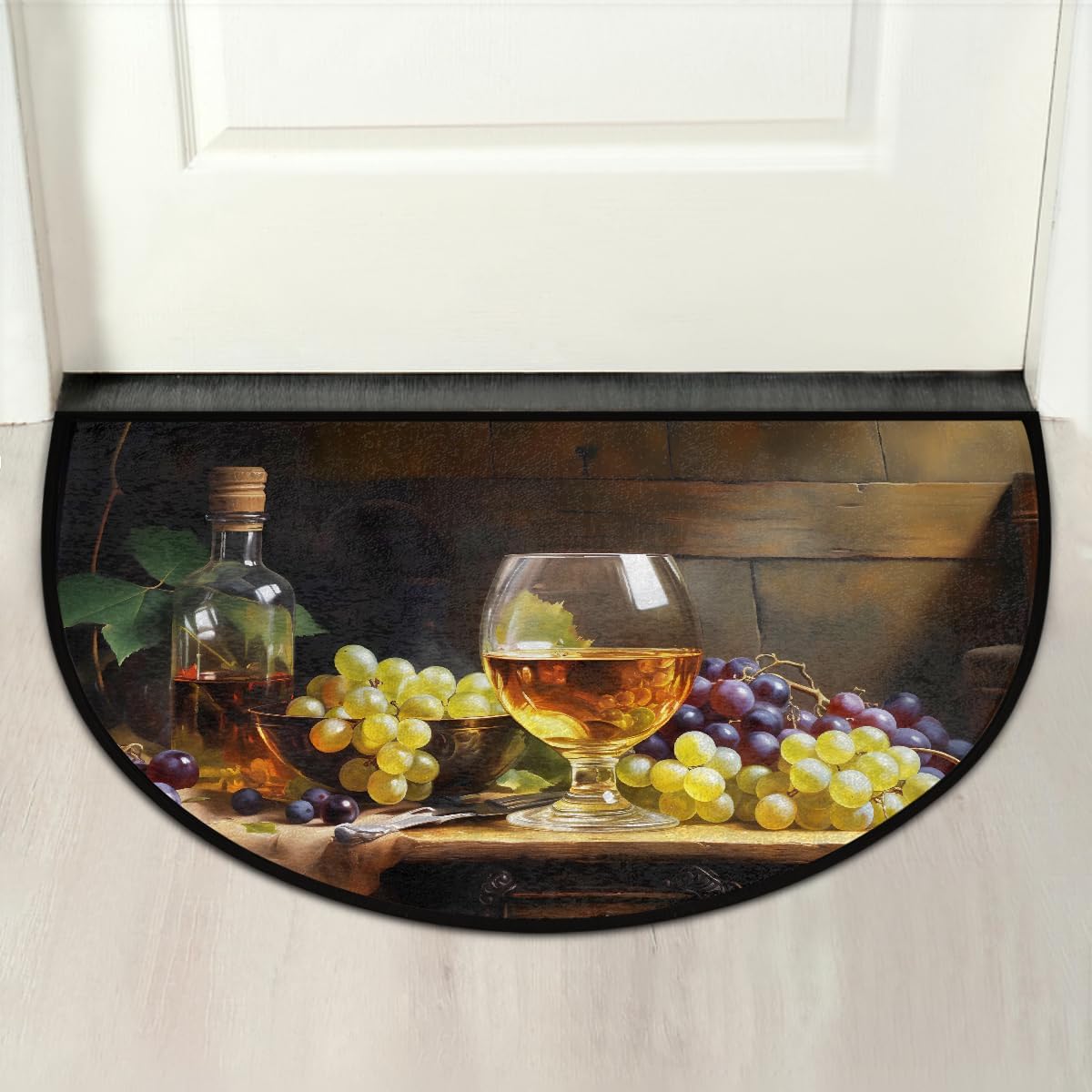 Half Round Doormat Semi Circle Rug Oil Painting Table Wine Non Slip Indoor Outdoor Entrance Half Moon Rug Absorbent Durable Washable Front Floor Mat for Kitchen Bathroom Patio Fireplace