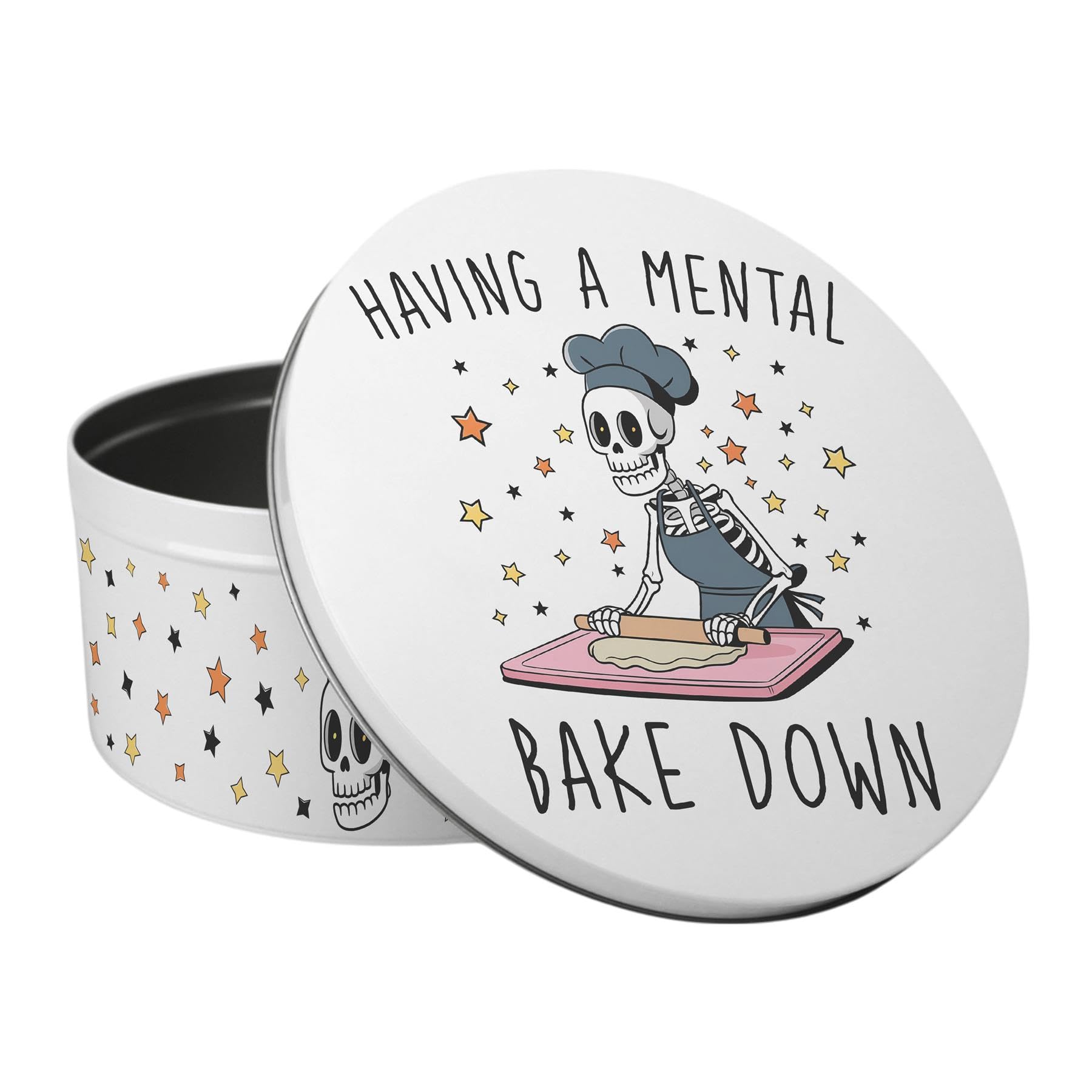 Purely Home Mental Bake Down Large Cake Tin - Funny Skeleton Themed Kitchen Gifts for Halloween - Round Metal Storage Container for Baking 23 x 10cm
