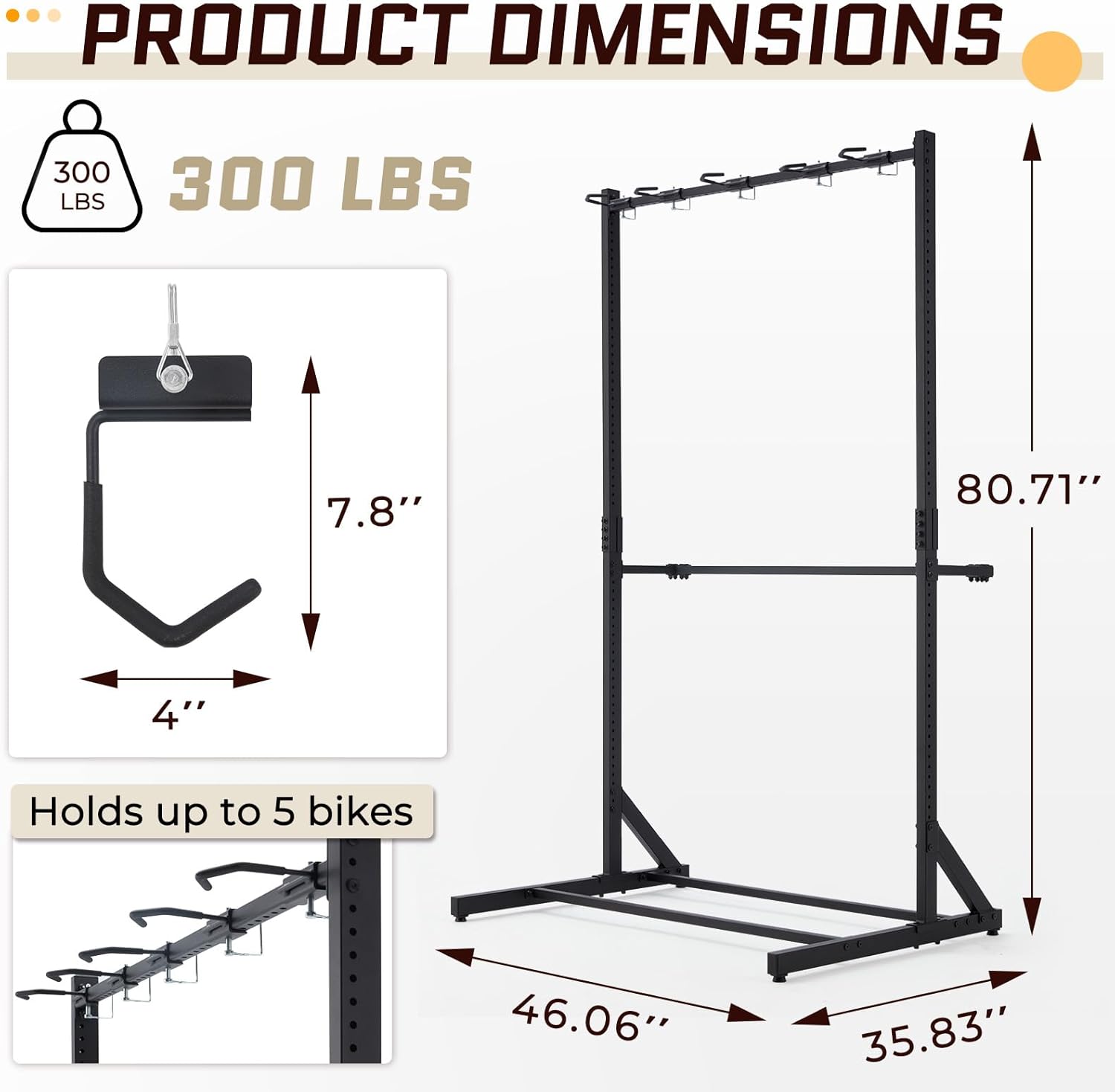 Freestanding Bike Storage Rack, 5 Bikes Capacity 300 lbs, Vertical Bike Rack for Garage, Adjustable Hooks, Indoor Bicycle Storage Stand for Home, Black