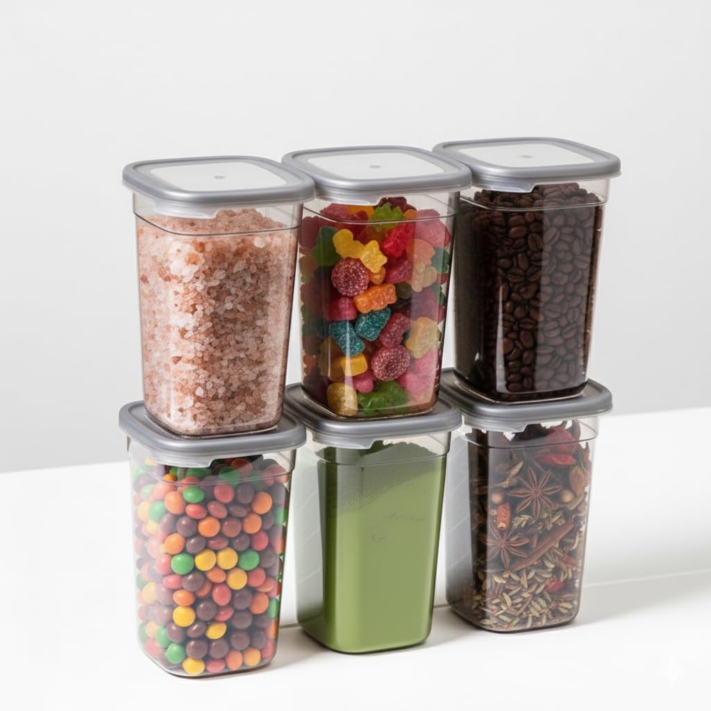 1200ml Plastic Container With lid - Space-Saving Stackability - Airtight Freshness - modern, square-profile containers are designed for maximum space efficiency (PACK OF 6)