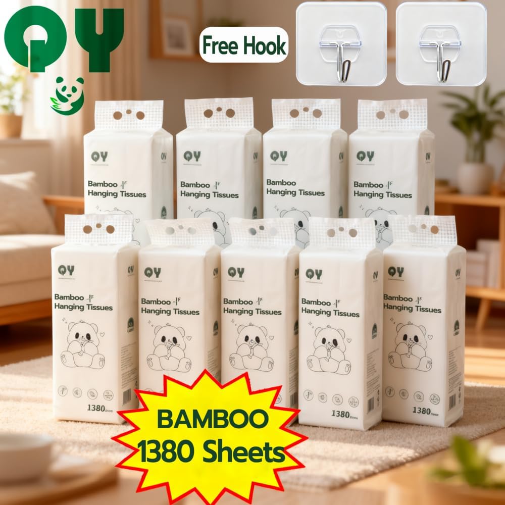 8-Pack Bamboo Tissues Hanging Tissues, 3-Ply Tissue 1380 Sheets/Box Tissues Bulk (11,040 Total), Bamboo Facial Tissue Facial Tissue Paper with 2 Hooks, Pure White