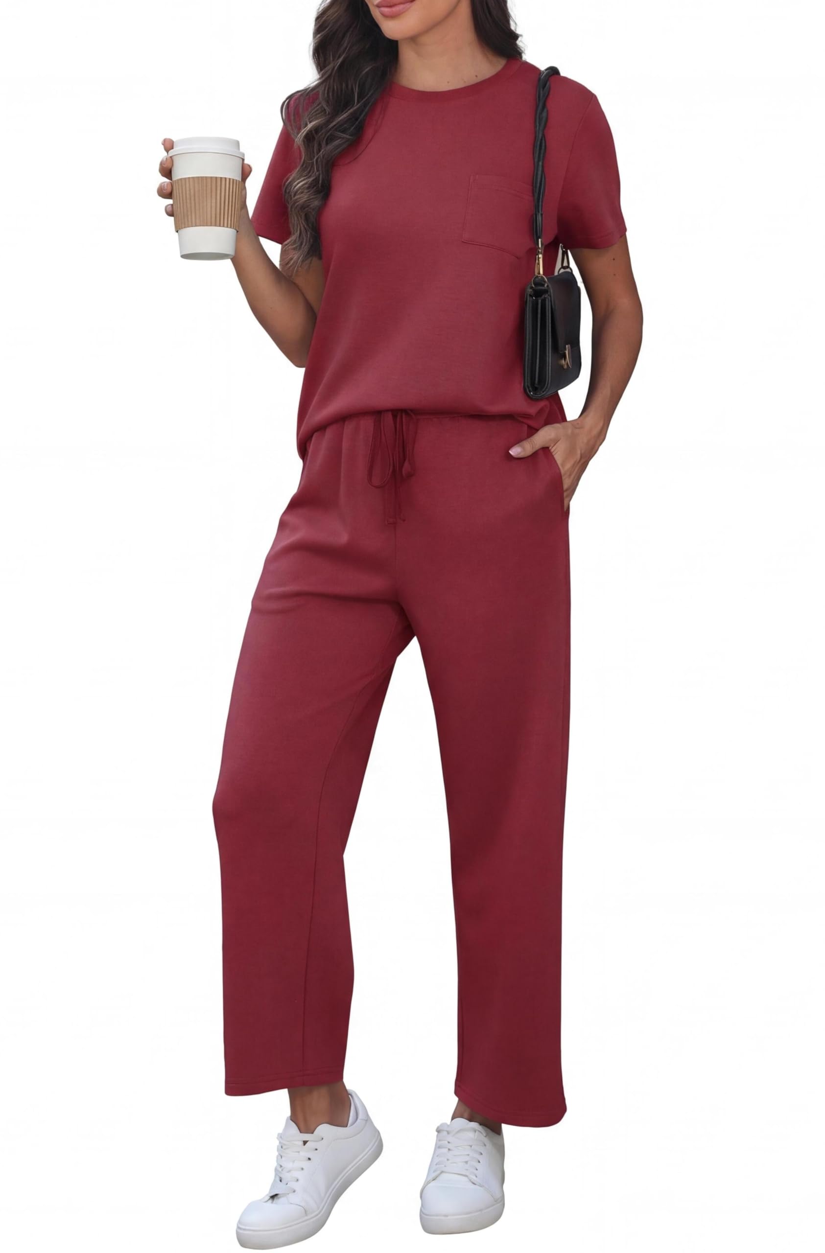 GRECERELLE Zweiteiler Jogginganzug Damen Sommer Trainingsanzug Outfits Tracksuit Kurzarm Lässige Rundhals Brusttasche Tshirts und weite Jogginghosen Trainingsanzüge mit Taschen