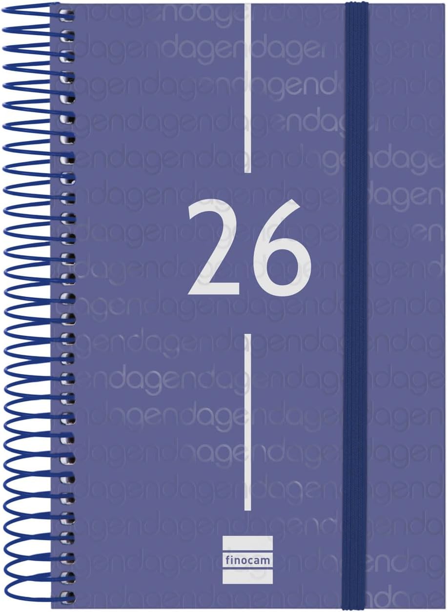 Finocam - Spiral Agenda 2026 1 Day Page | January - December (12 months) | 2026 Yearly Agenda with Elastic Band | Basics Year Spiral Polypropylene Cover - Blue - Catalan