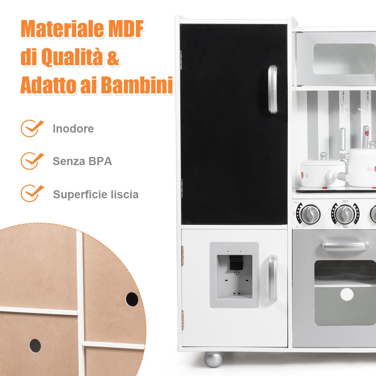 RELAX4LIFE Cucina Giocattolo in Legno per Bambini, Mini Cucina con Forno, Microonde e Frigorifero, Effetti Luminosi e Sonori, Natale/Compleanno/Feste