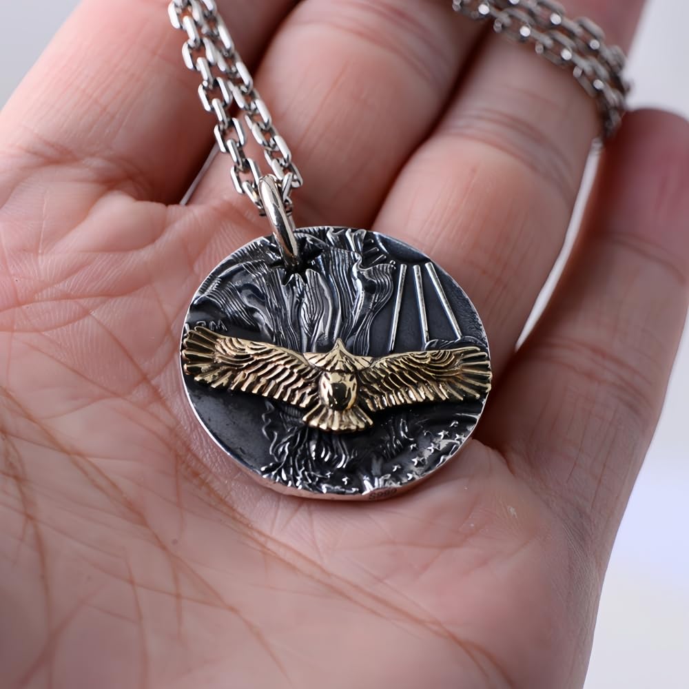 ForFox Vintage 999 Sterling Silber Golden Adler Anhänger US Army E Pluribus Unum Adler Schmuck für Herren Damen