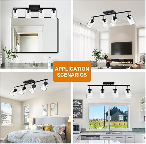 Miniatura 3 de VINLUZ Luces de tocador de 4 luces para baño con cabezal de luz giratorio, lámpara de techo con acabado negro, kit de iluminación moderna de riel