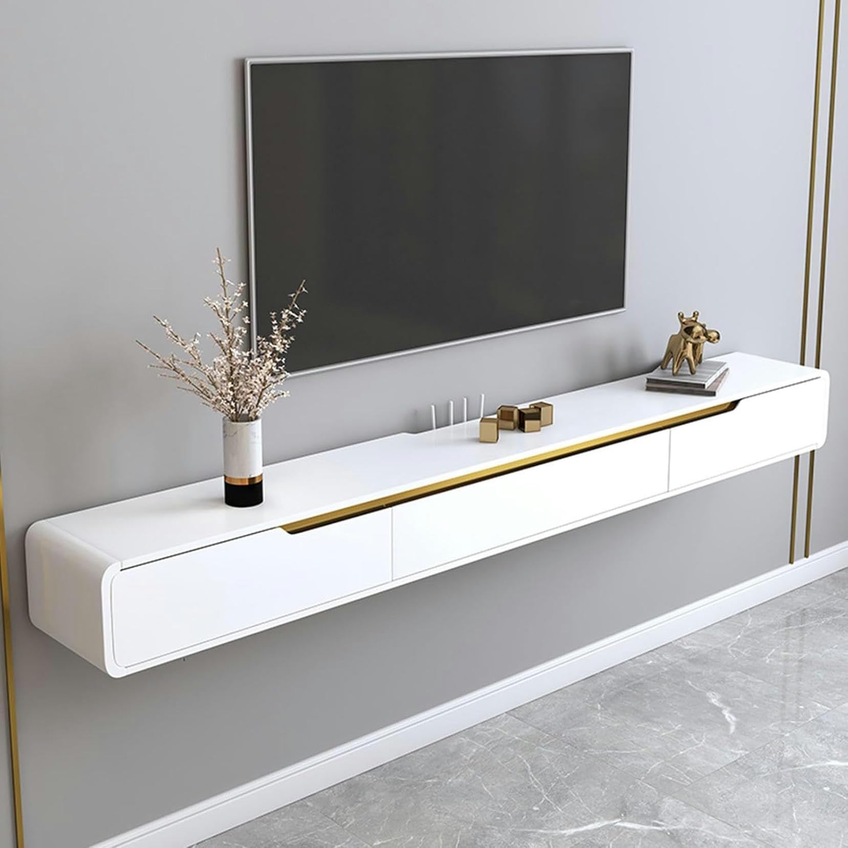Meuble TV flottant mural moderne et étagère de rangement multimédia 120/150 cm