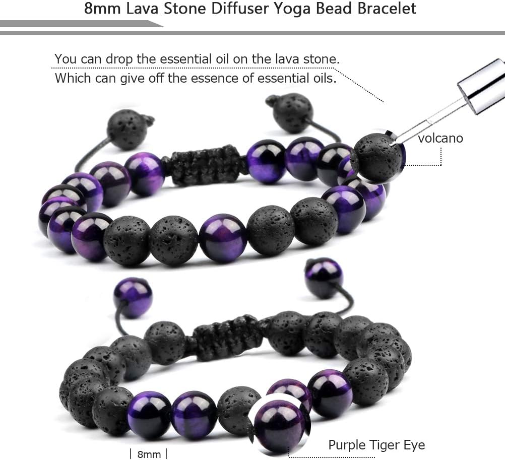 XHSM Tiger Eye Lava Rock Bracelet, 8mm Natural Tiger Eye Beads Stone, Adjustable Aromatherapy Essential Oil Diffuser, Lava Bracelet Gifts for Men and Women