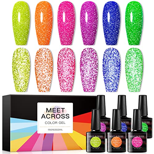 MEET ACROSS Neon Reflektierender Glitzer-Gel-Nagellack, schimmerndes Glitzer-Gel-Nagellack-Set, funkelndes, glänzendes Gel-Nagellack-Maniküre-Set, Soak-Off-LED-Lampe Cover