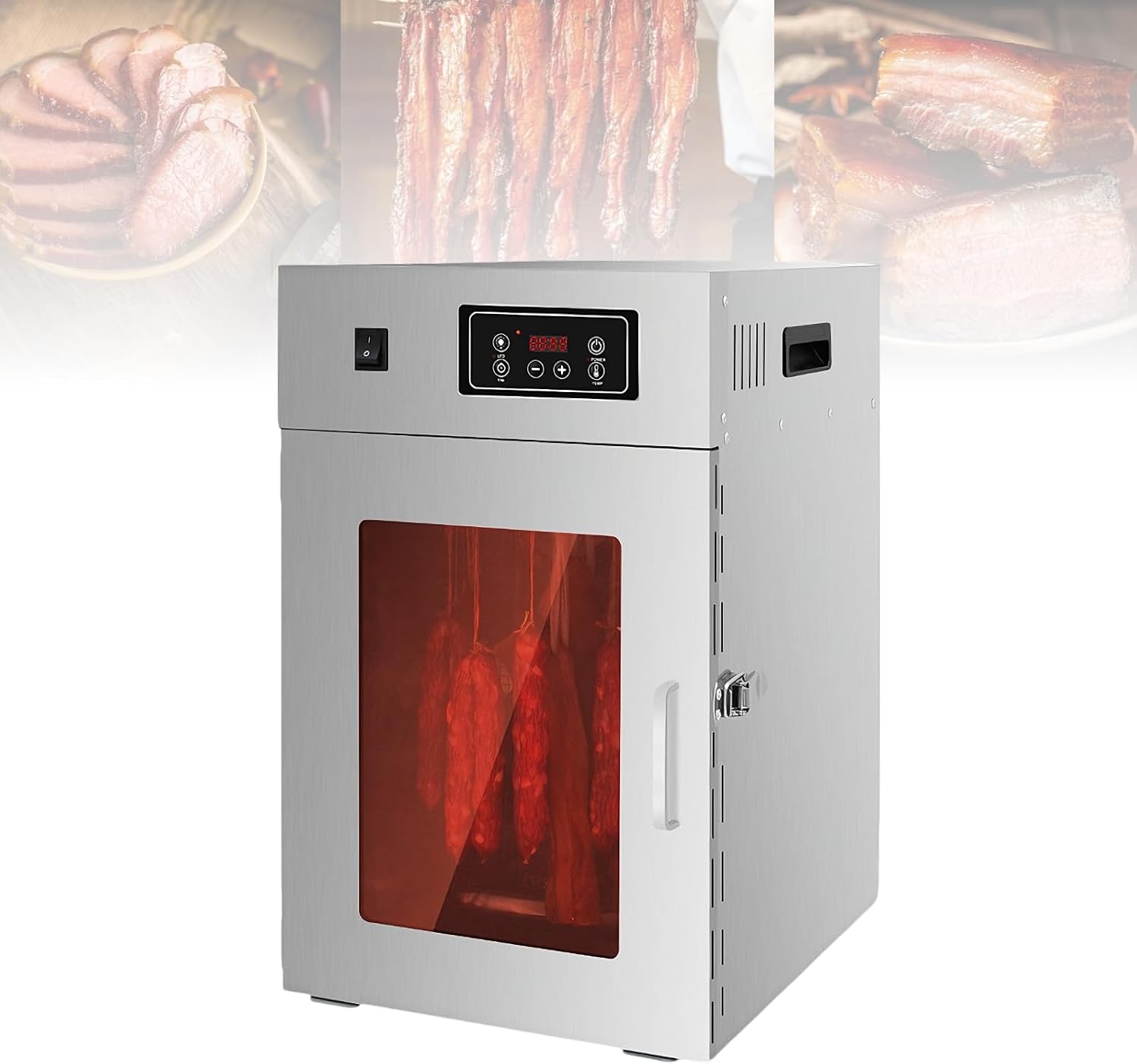 Komercyjna szafa do suszenia i dojrzewania mięsa - stal nierdzewna, obrotowa o 360°, zakres temperatur 30-90°C, 24-godzinny timer, pojemność 15 kg, odpowiednia do suszonej wołowiny, kiełbas itp.