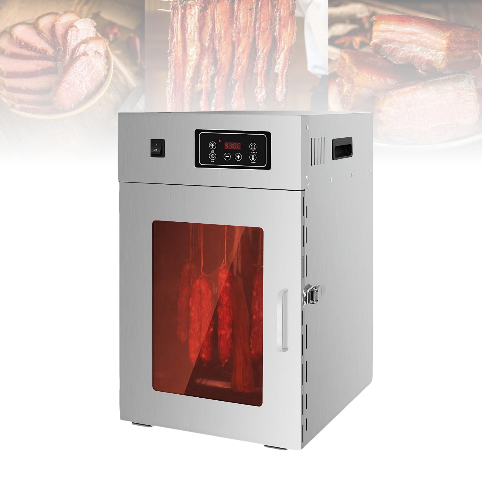 Gewerblicher Fleischtrocknungs- und Reifeschrank - Edelstahl, 360°-Drehung, Temperaturbereich 30-90℃, 24-Stunden-Timer, 15 kg Fassungsvermögen, geeignet für Beef Jerky, Würstchen usw.