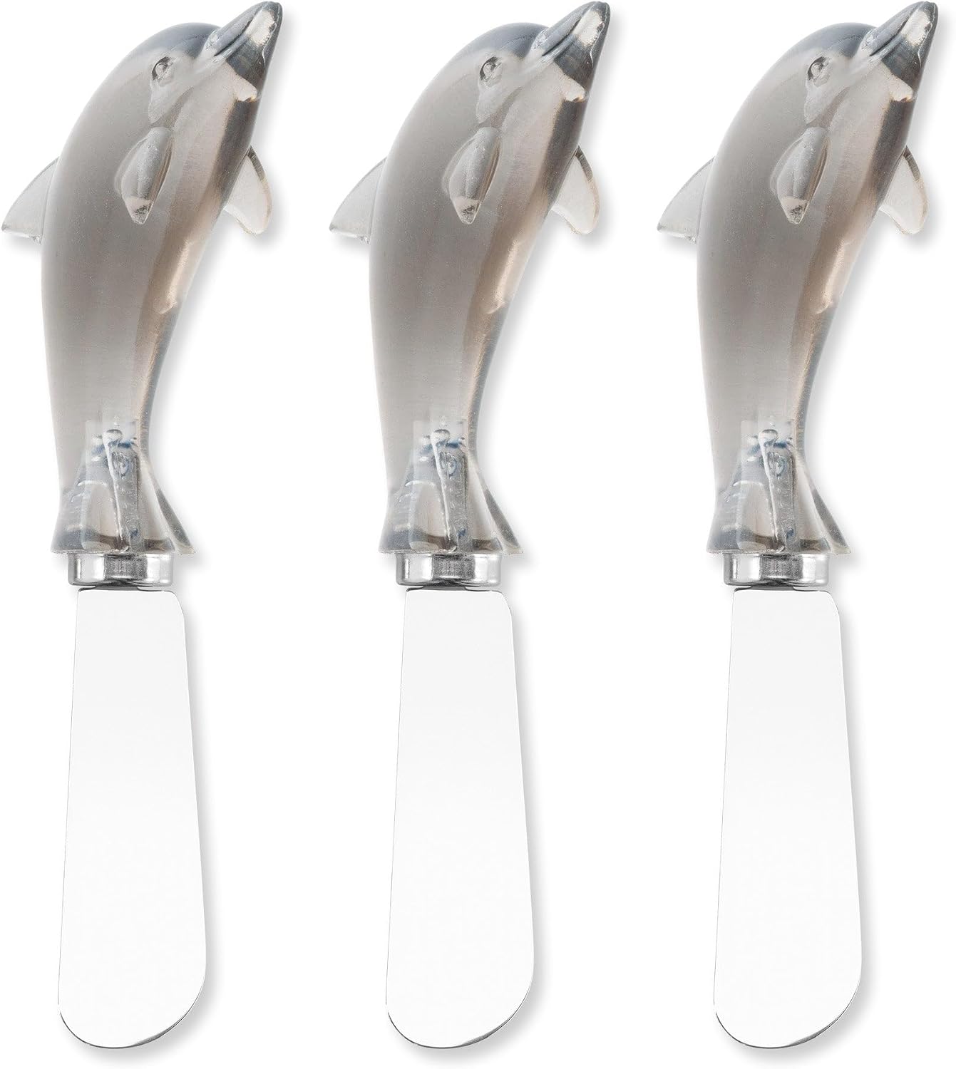 Supreme Housewares Dolphin Resin Cheese Spreader Set of 3, Stainless Steel Appetizer Tools with Translucent Gray Resin Handles, Coastal Theme Butter Spreaders