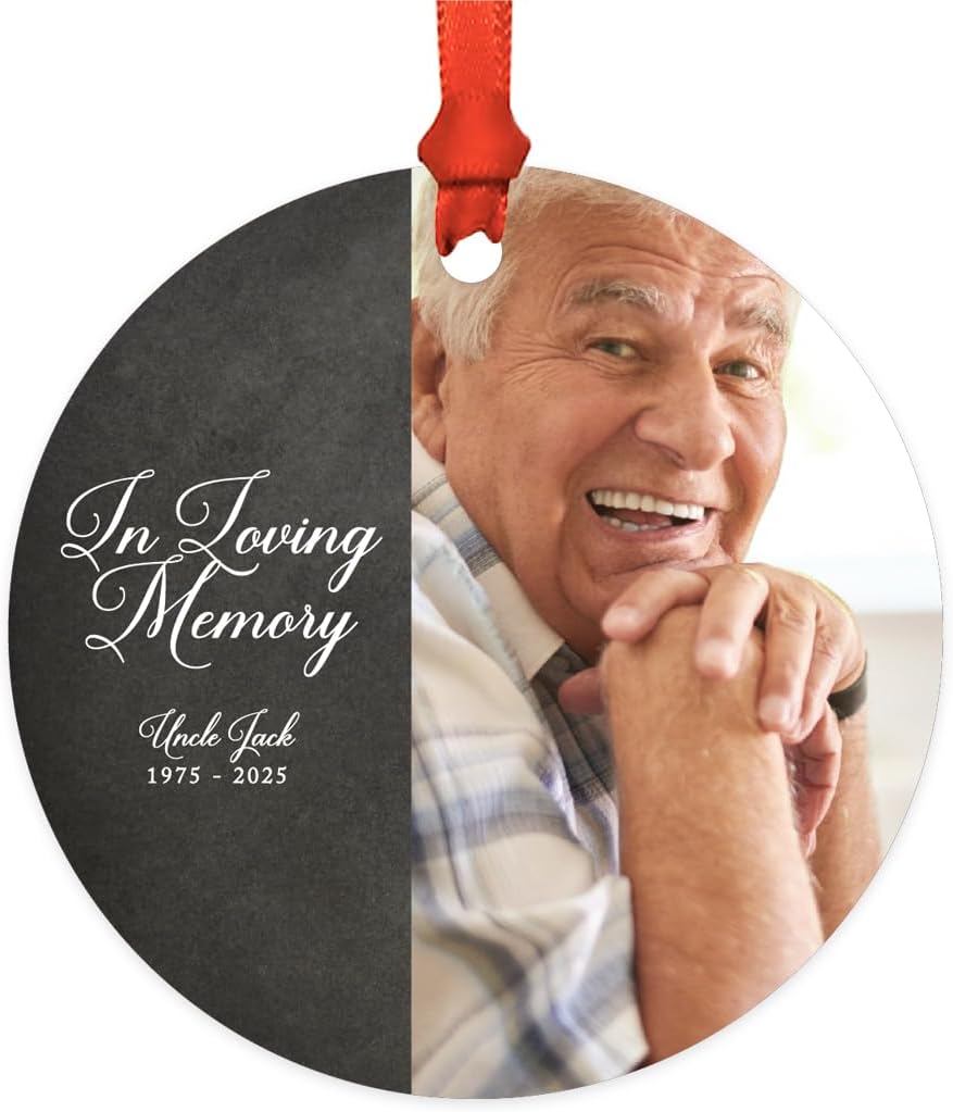 Andaz Press Photo Personalized Memorial Round Metal Christmas Ornament, in Loving Memory, Uncle Jack, 1975-2026, 1-Pack, Custom, Includes Bag Memorial Ornament Memorial Photo Christmas Ornament