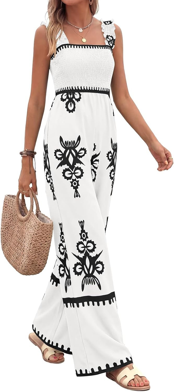 PRETTYGARDEN Womens Jumpsuit Casual One Piece Boho Summer Outfits Shirred Strap Wide Leg Long Pants Rompers With Pockets - Image 4