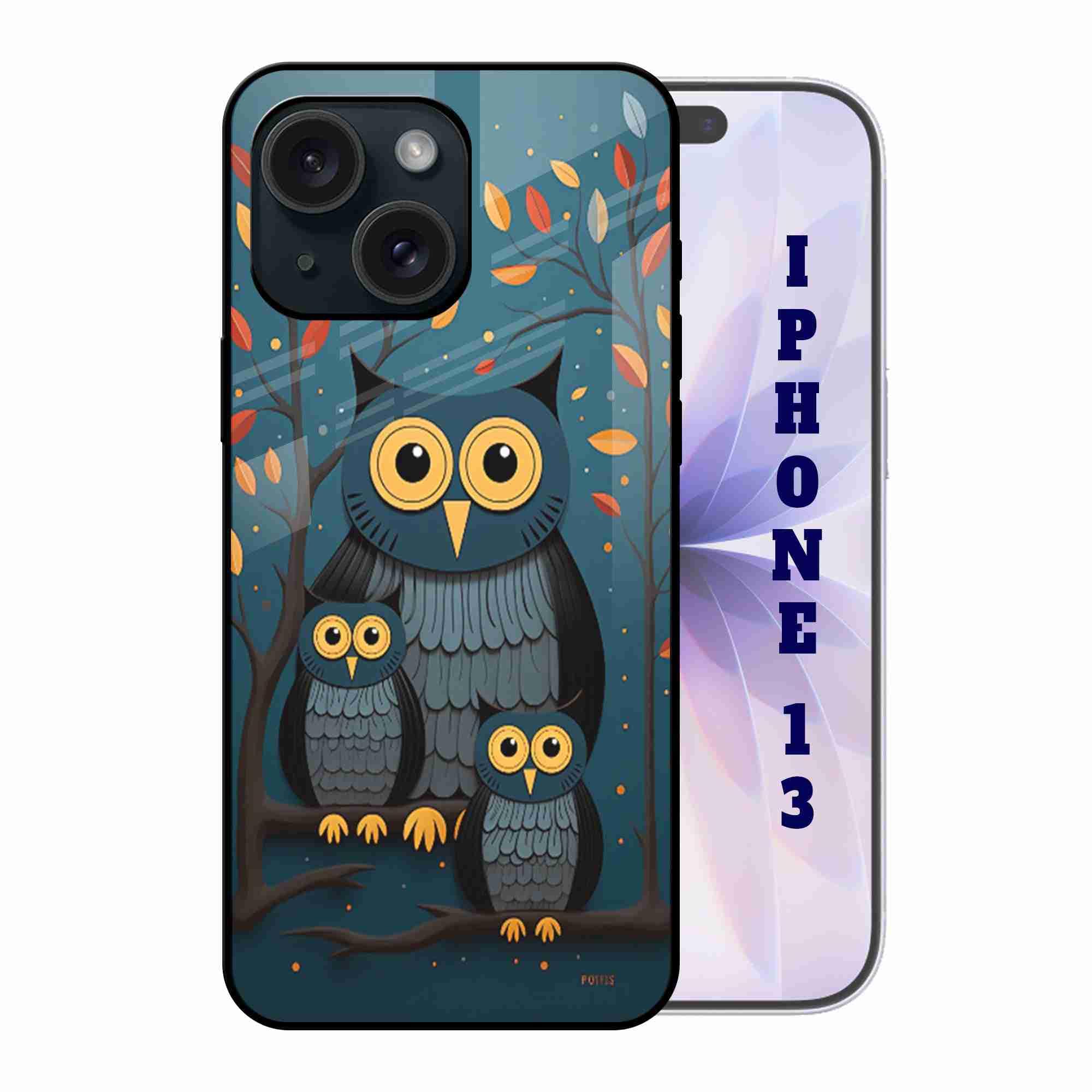 Abaci® Back Case Cover for iPhone 13 | Stylish Owl Gang | Printed Glass, Glossy Slim Lightweight, Wireless Charging, Drop Protection