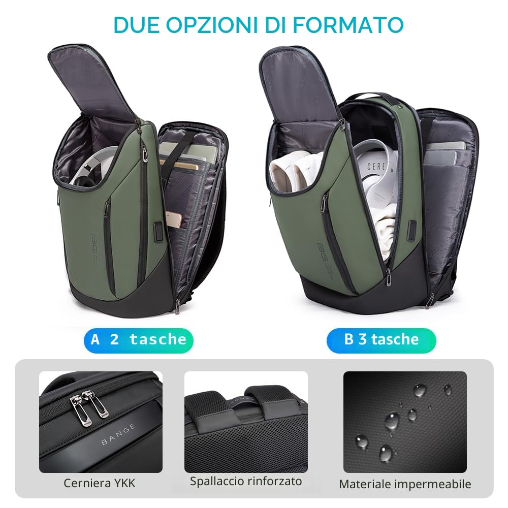 BANGE Zaino intelligente da lavoro, impermeabile, adatto per computer portatile da 15,7 pollici, con porta di ricarica USB, zaino da viaggio durevole, Verde (tre tasche), L, Business