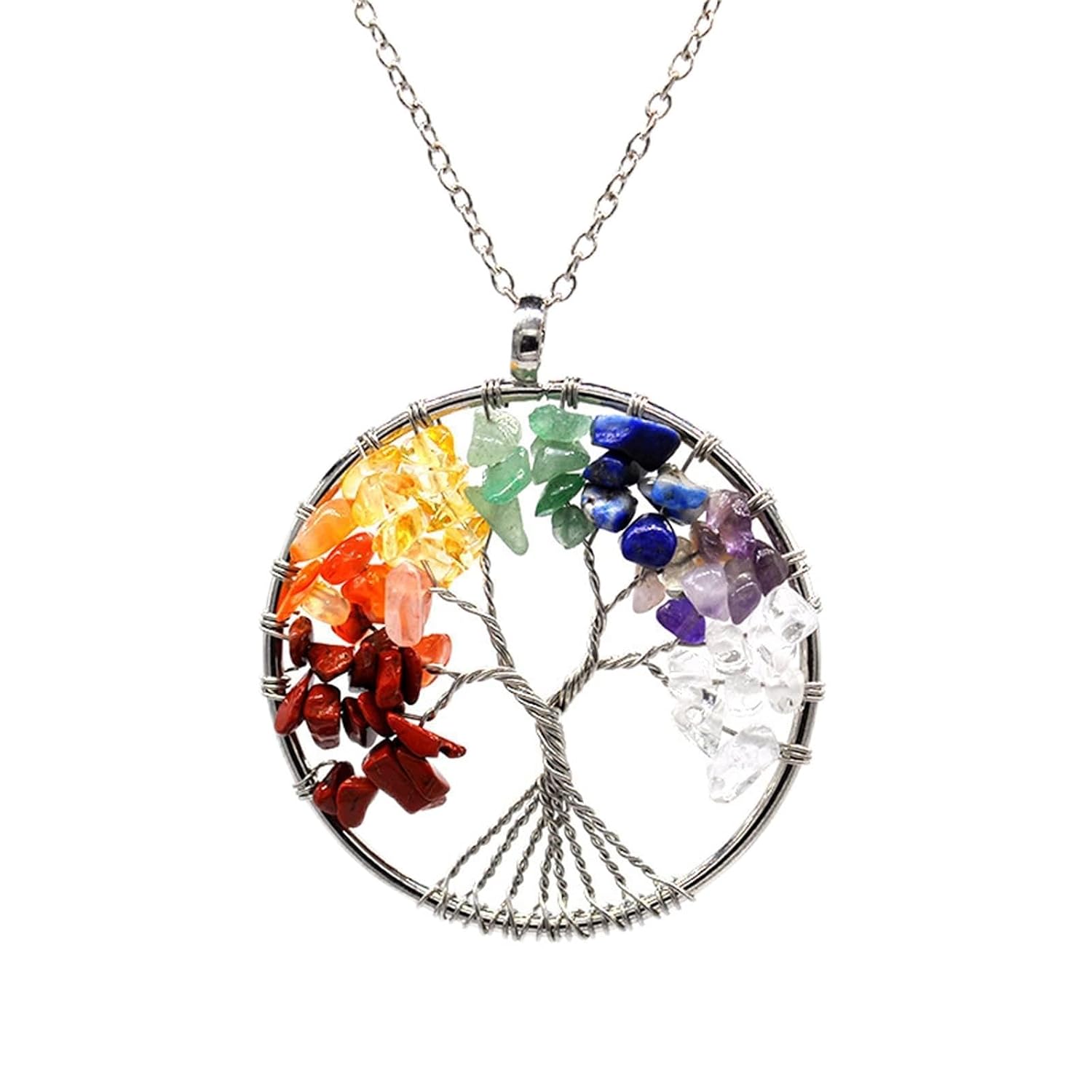 7 Chakra Tree of Life Wire Wrapped Link Chain Pendant Necklace Reiki Natural Stone Crystal Gemstone Beads Necklace for Women Men Yoga Meditation Jewelry