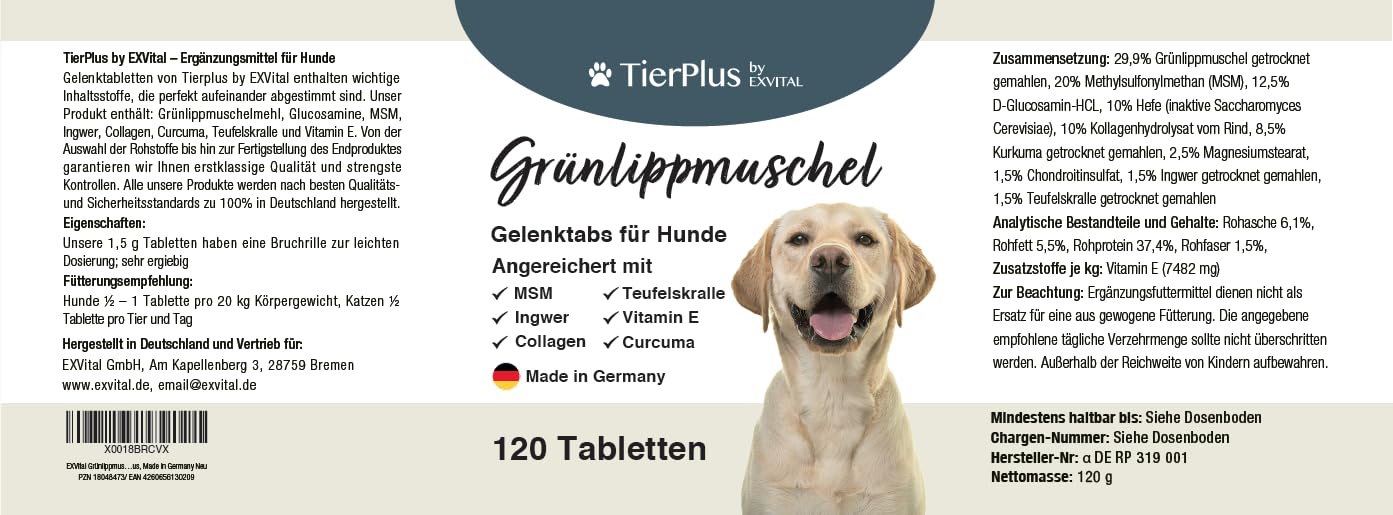 TierPlus Gelenktabletten für Hunde mit Grünlippmuschel, MSM, Ingwer, Chondroitin, Glucosamin und Teufelskralle angereichert. Hohe Fressakzeptanz, 120 Stück, Made in Germany