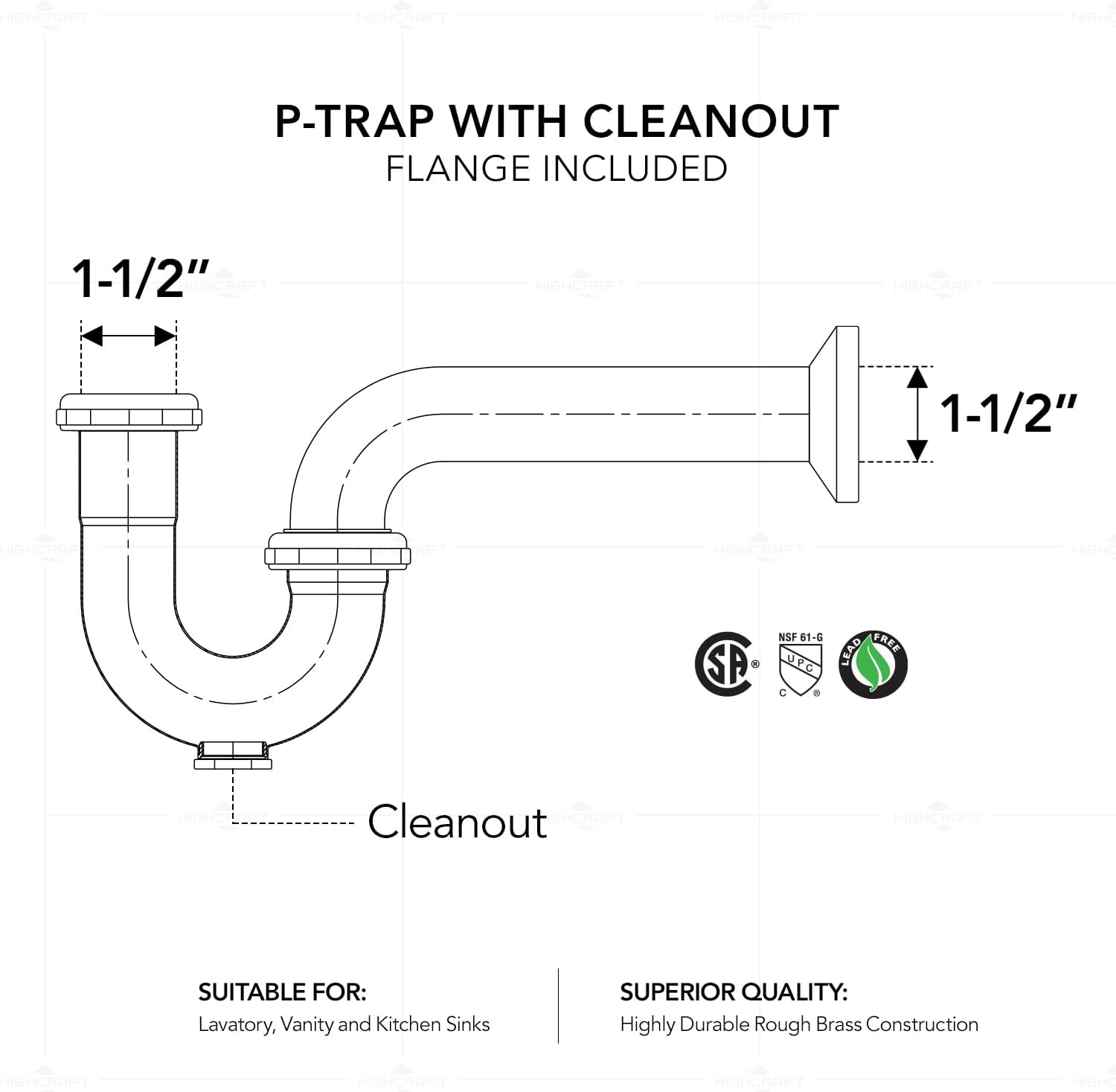 Highcraft Brass P-Trap 1-1/2" Basin Sink Waste Trap with Flange and Cleanout 17-Gauge Sink Trap for Bathroom Sink, Kitchen Sink, Utility Sink Tubular Drain Applications, Chrome Plated Brass Drain Trap