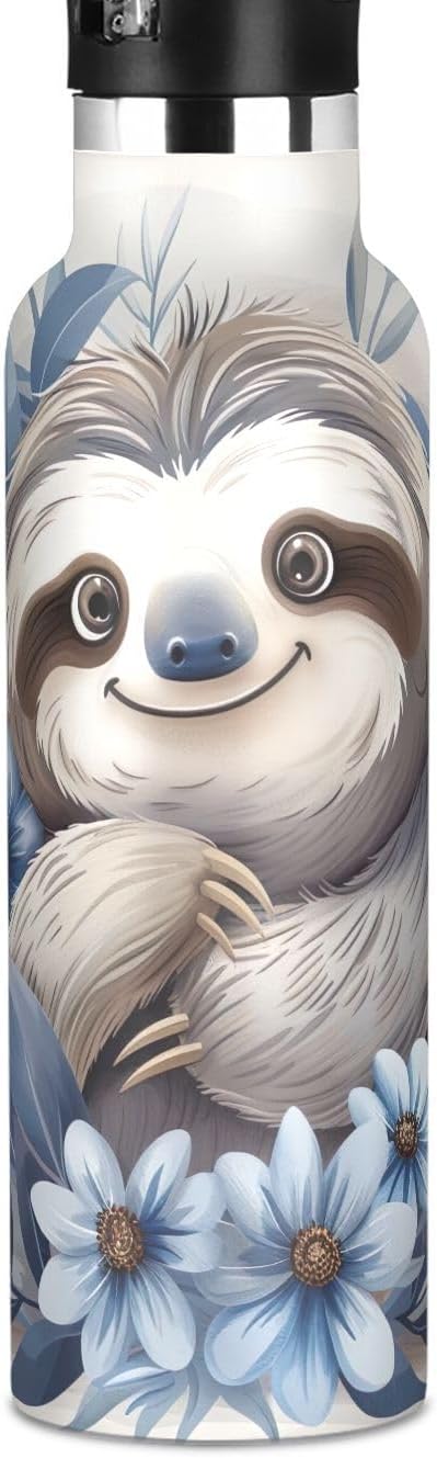 Qilmy Sloth Sport Water Bottle with Straw Lid, Leakproof Double Walled Vacuum Insulated Stainless Steel Thermo Flask Travel Tumbler for Kids, Boys, Girls