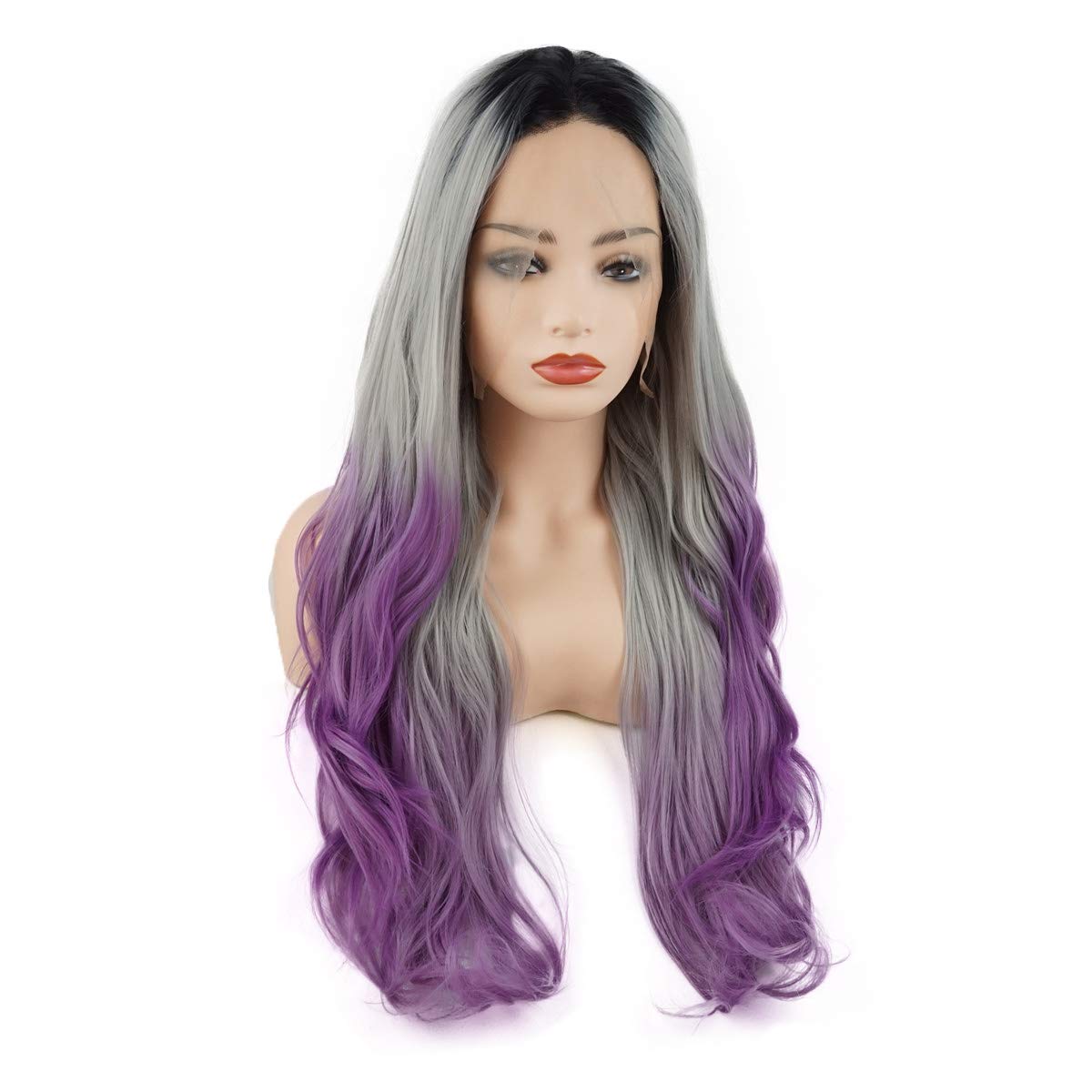 Hair Wavy Long 26inch Dark Root Gray Purple Ombre Heavy Density Realistic Synthetic Lace Front Wig