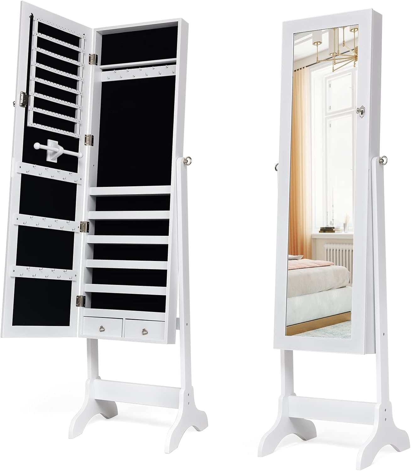 RELAX4LIFE Schmuckschrank mit Ganzkörperspiegel stehend Spiegelschrank neigungsverstellbar Schmuckaufbewahrung Schmuck-Organizer abschließbar Standspiegel mit 5 Ablagen & 2 Schubladen weiß