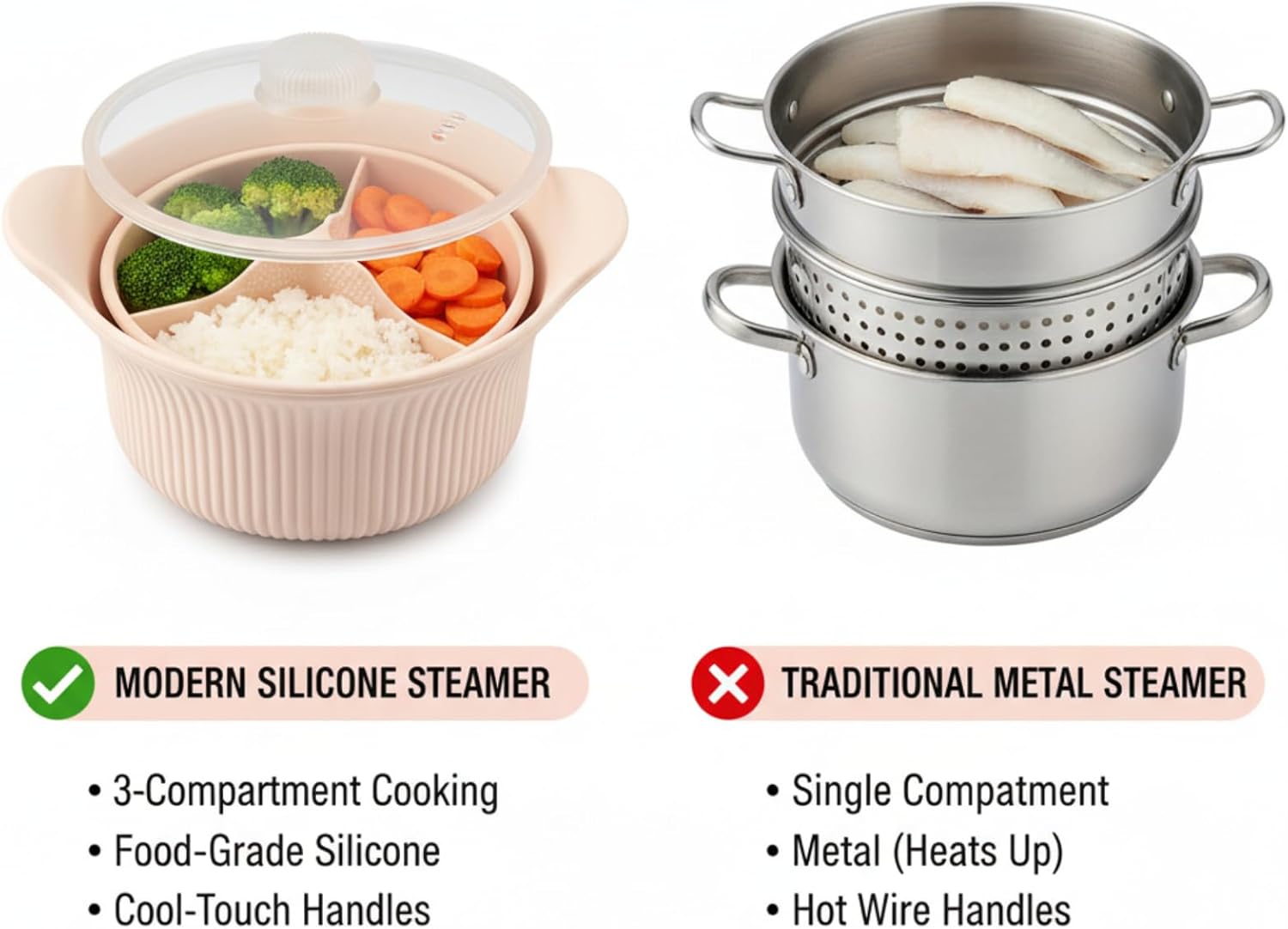 Microwave Silicone Steamer, 3-Compartment Vegetable Steamer with Egg Cooker, Food Grade Silicone Basket for Microwave Oven Cooking (Beige)