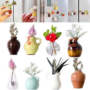 8PCS Mini Ceramic Vase Magnets for Fridge, Cute 3D Magnetic Flower Pot Vases, Funny Bud Vases for Refrigerator Kitchen Locker Office Decoration, Small Plant Magnets