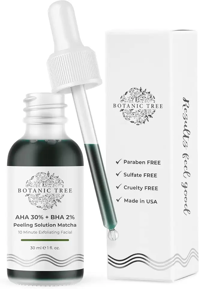 Botanic Tree Matcha Peeling Solution Chemical Peelings for Face – Manchas Escuras – AHA 30% + BHA 2% – 10 Minutos Esfoliante Skin Face Peel com Ácido Glicólico e Ácido Salicílico, 30 ml.